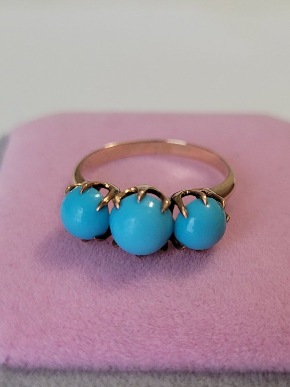 Turquoise Antique Gold Ring Victorian 3 Blue Stones 10k December Birthstone - Picture 8 of 16